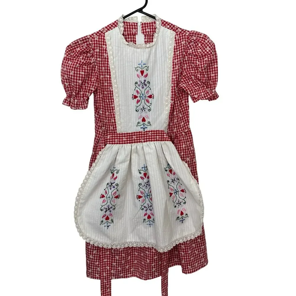 Vintage Girls Handmade Dress 70s Red White Gingham Embroidered Apron Front Tie